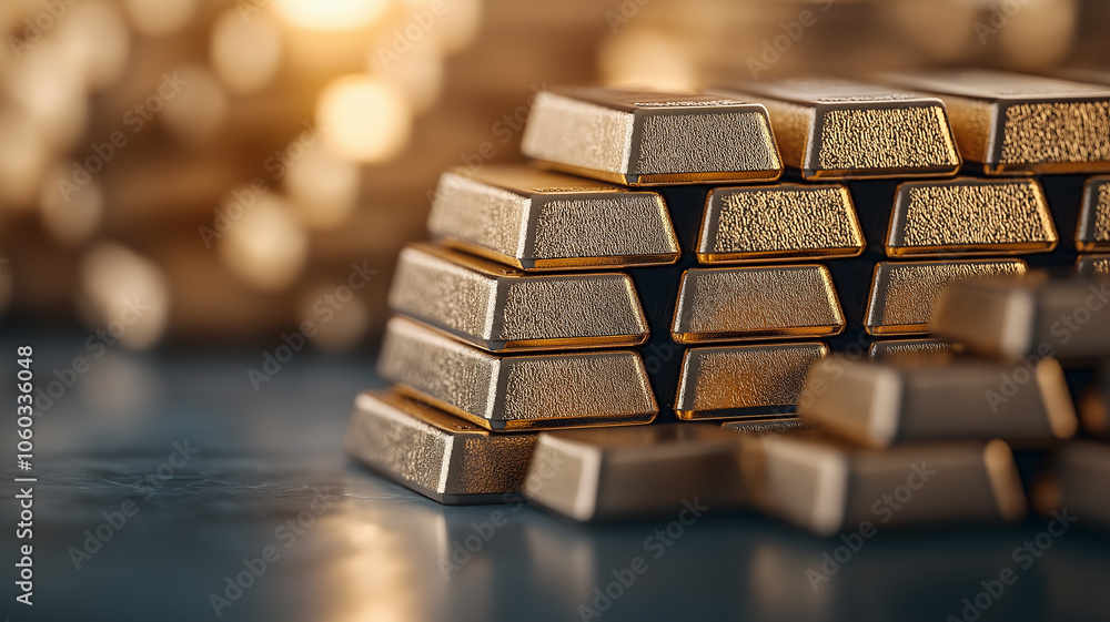 Poster Close up of stacked gold bars with realistic lighting, showcasing wealth and luxury. image highlights texture and shine of gold, creating sense of opulence and value