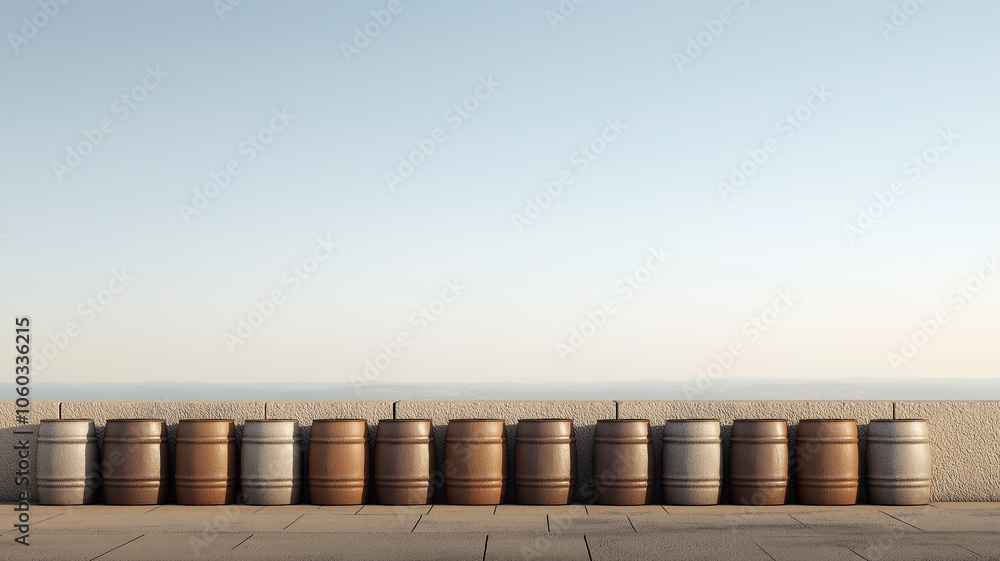 Poster row of oil barrels lined up on concrete surface under clear sky, ready for export. barrels are arranged neatly, showcasing industrial organization and efficiency