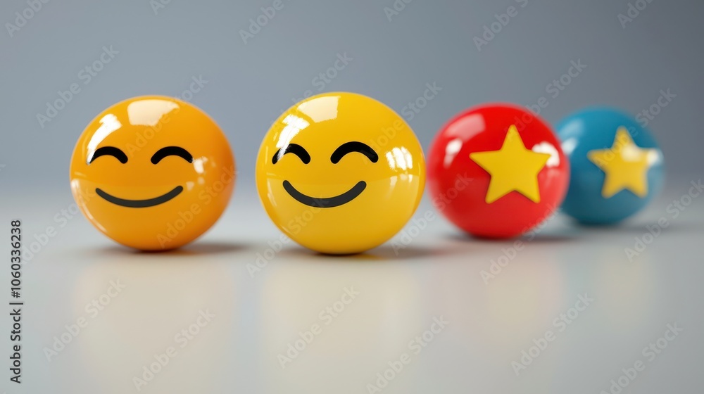 Poster 3d visualization of a satisfied customer with a happy face and rating stars.