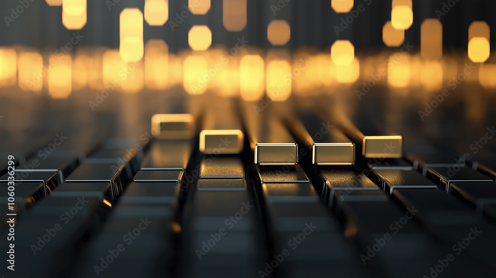 Poster series of elegant 3d gold bars on reflective surface with blurred golden bokeh background, creating 