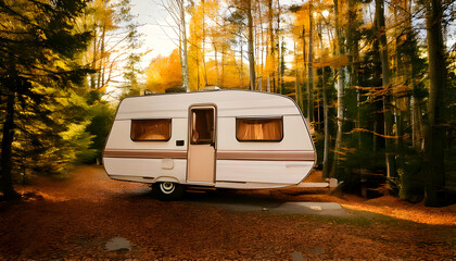 ravel trailer parked in forest wilderness nature in autumn or fall season outdoors. Summer