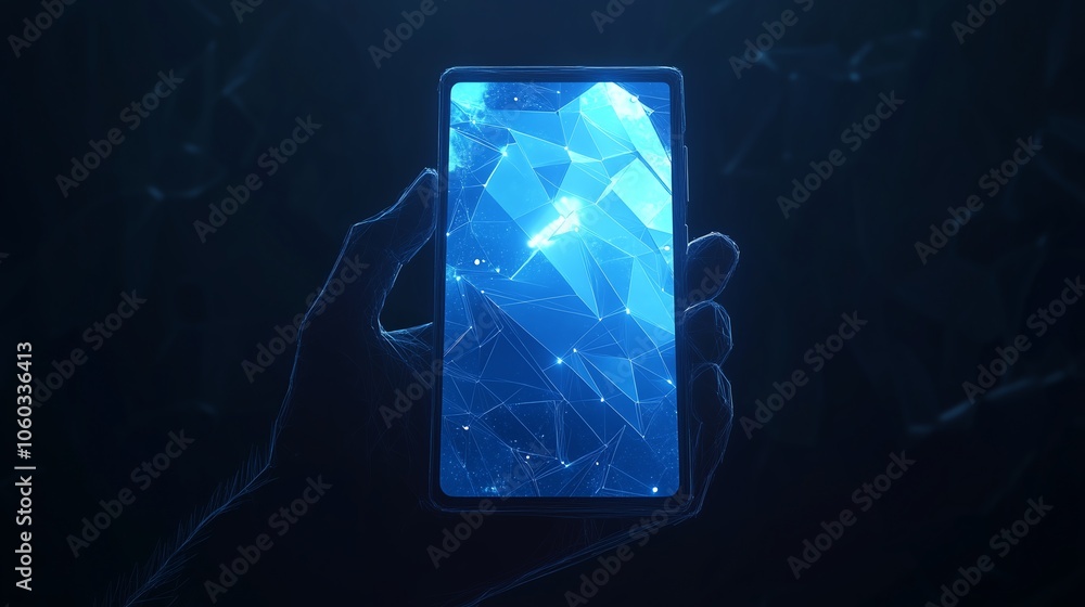 Poster hand holding a phone displaying blockchain technology, enhanced by low poly wireframe and glowing pa
