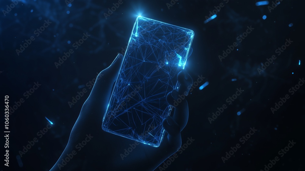 Poster hand holding a phone displaying blockchain technology, enhanced by low poly wireframe and glowing pa