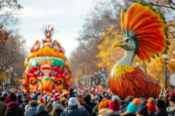Fototapeta premium Thanksgiving parade with large, colorful floats and crowds of excited spectators bundled up in autumn attire
