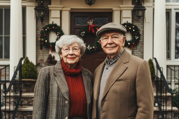 well dressed senior elderly couple in front of a grand old home, with traditional Christmas wreaths and subtle holiday decor, minimal background with copy space