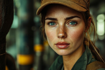 A woman with freckles wearing a brown hat and green jacket