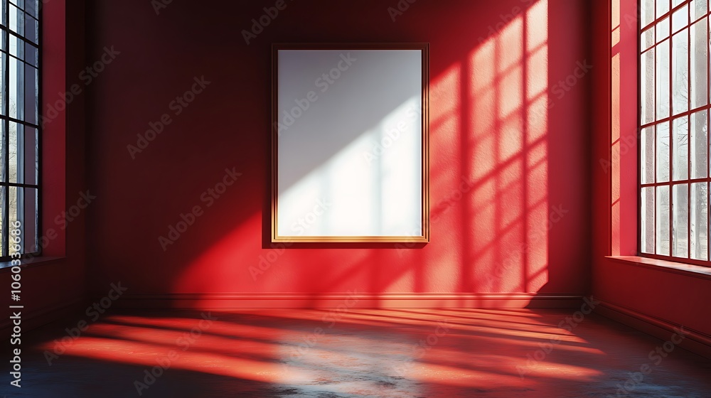 Poster a minimalist red room with a large empty frame casting shadows from sunlight.