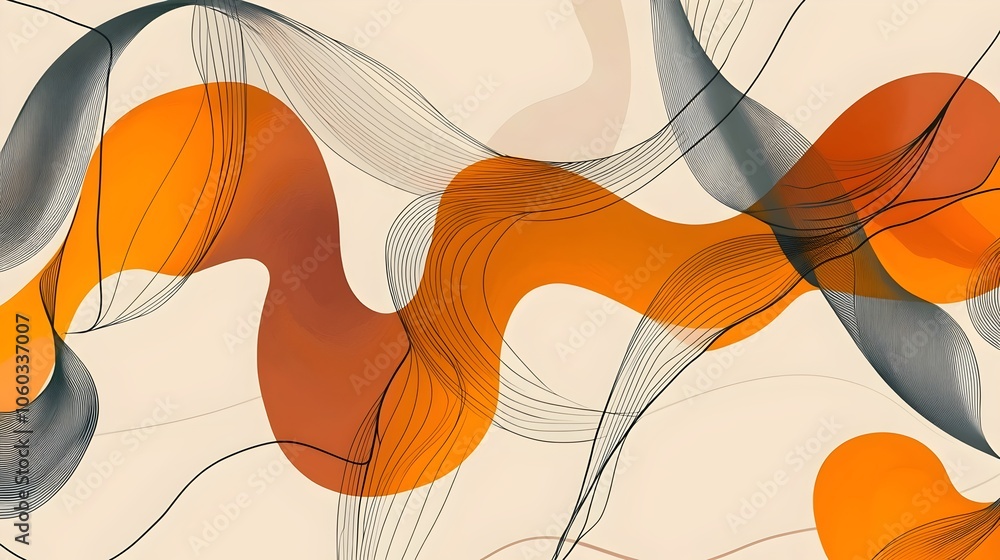Poster abstract composition featuring fluid shapes in warm orange and soft black tones, creating a dynamic 