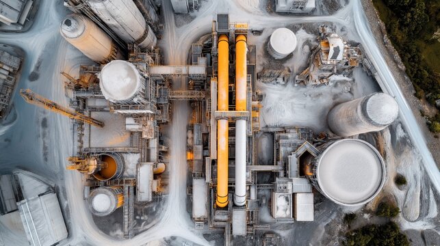 Aerial view of an industrial facility with large cylindrical structures and interconnected pipelines surrounded by gravel and greenery.