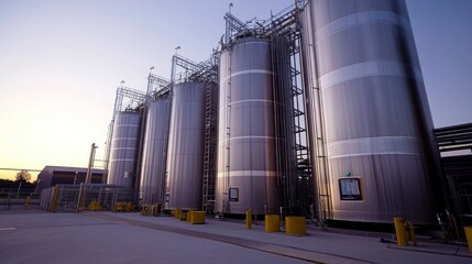 Obraz premium Biofuel storage tanks in an eco-friendly facility, showcasing sustainable fuel production
