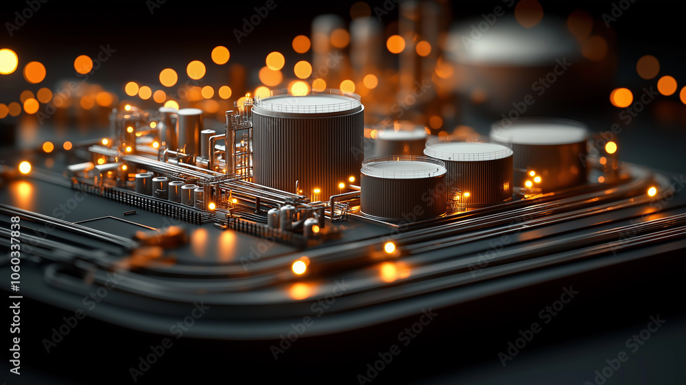 Aufkleber realistic depiction of oil export terminal with cargo tanks and pipelines, illuminated by warm lights, showcasing industrial infrastructure and energy production