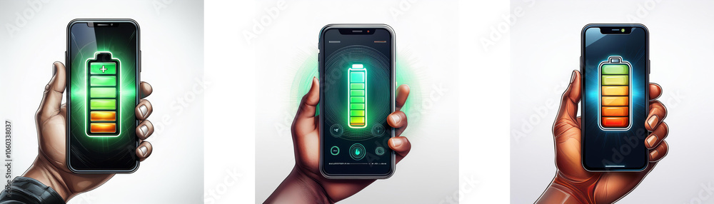 Poster three hands hold smartphones, each displaying a battery icon with different charge levels, showcasin