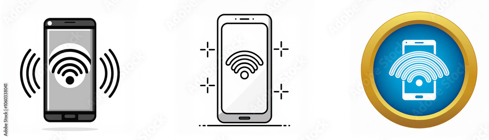 Leinwandbilder three illustrations of a smartphone with a wireless signal icon on the screen, showing various visua