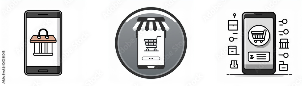 Poster three illustrations of a mobile phone with different icons representing online shopping.