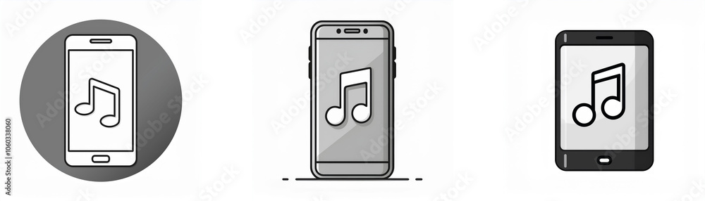 Poster three different styles of icons representing a smartphone with a music note symbol on the screen.