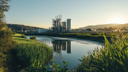 Obraz premium Biofuel plant integrated with natural landscapes, showcasing eco-friendly fuel production