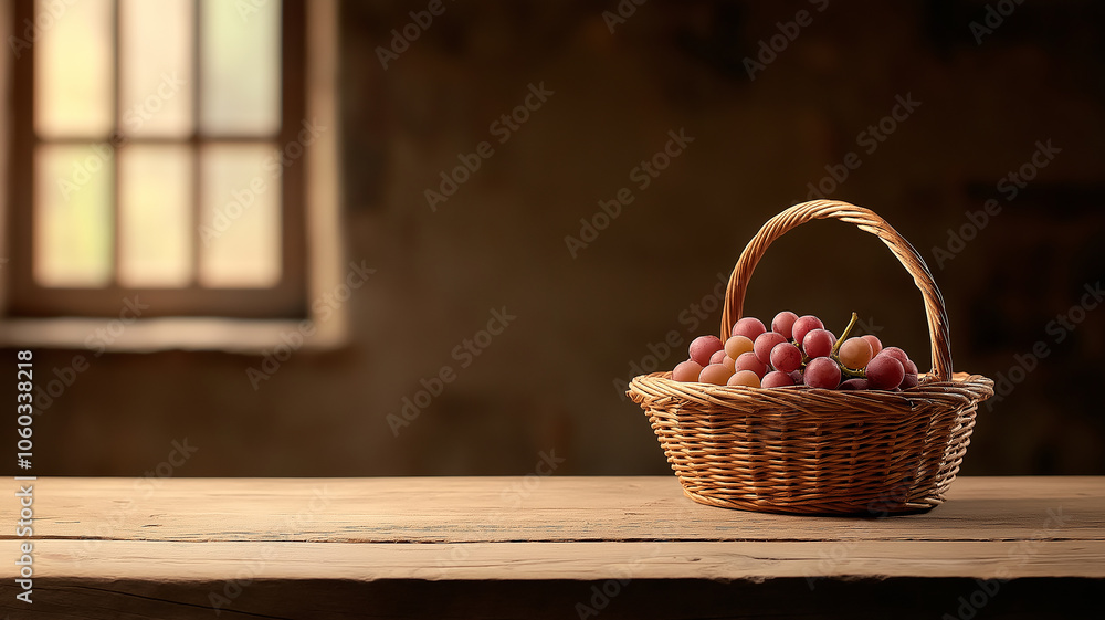 Poster rustic basket filled with Zymaskas grapes sits on wooden table, bathed in soft, warm light from nearby window, creating serene and inviting atmosphere