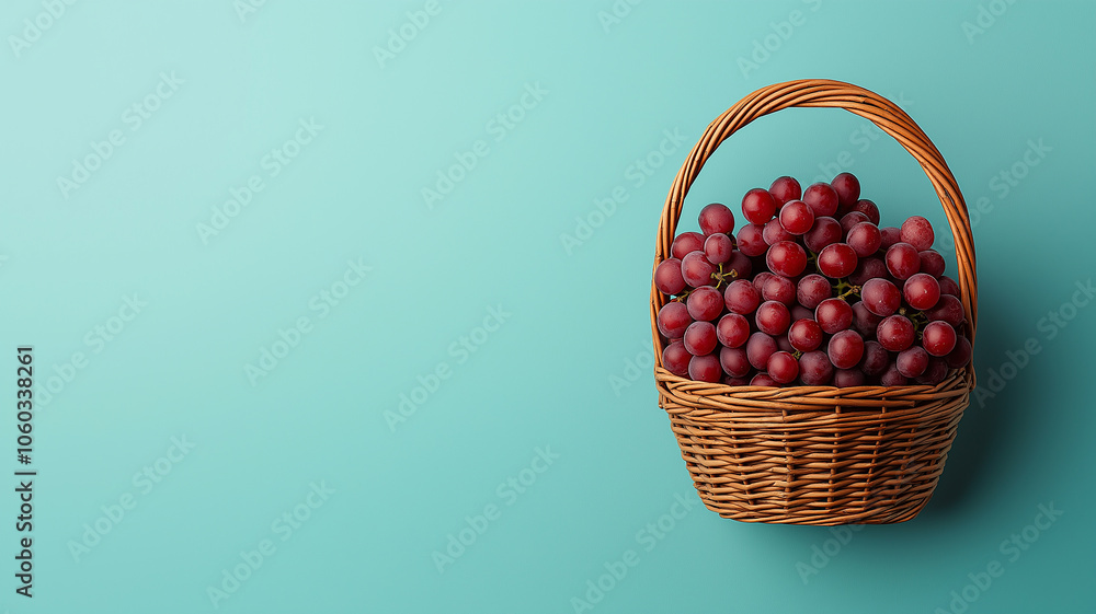 Poster wicker basket filled with fresh red grapes against teal background, creating vibrant and inviting sc