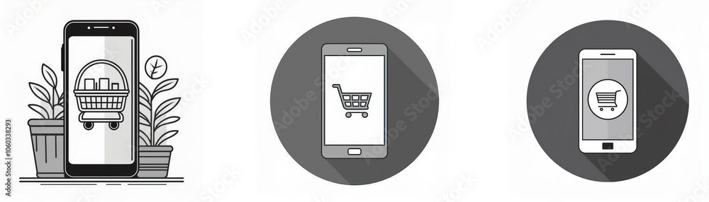 Poster three smartphones with shopping carts and a shadow, in various styles.