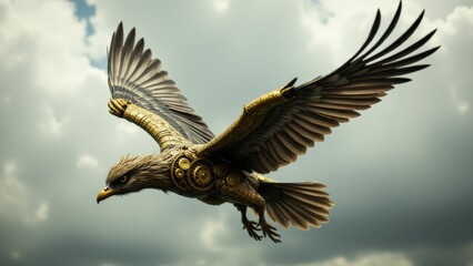Fototapeta premium Mechanical bird with wings spread wide, flying in a cloudy sky, embodying steampunk aesthetics