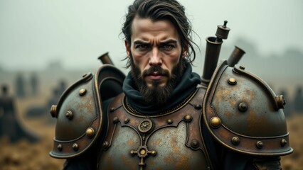 A rugged steampunk warrior in armor stands resiliently, embodying strength and determination in a retro-futuristic world

