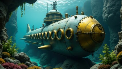 A vintage steampunk submarine navigates underwater, showcasing intricate design and mechanical prowess in an aquatic adventure