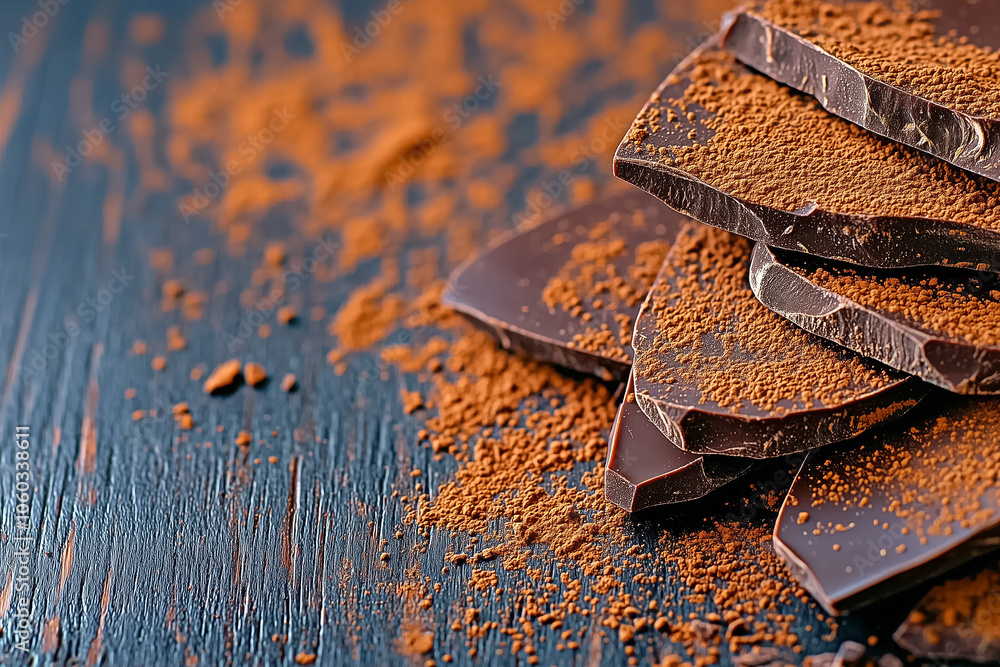Poster dark chocolate pieces rest on a surface dusted with cocoa, inviting a moment of pure indulgence and 