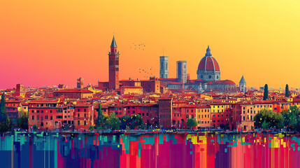 Fototapeta premium Bologna, Italy, Pop Art style theme print. Cityscape, city skyline.Vibrant, bright, modern, trendy, graphic designed for poster, card, wallpaper