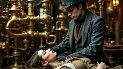 Man in a suit working on a woman in a mechanical setting, suggesting a blend of science, engineering, and medical expertise in steampunk fashion.