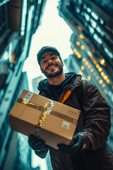 A man holding a cardboard box in the middle of a city