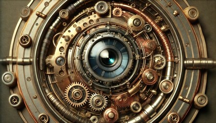 Fototapeta premium Close-up of intricate steampunk gears, with metallic and copper tones, capturing a sense of mechanical complexity and elegance.