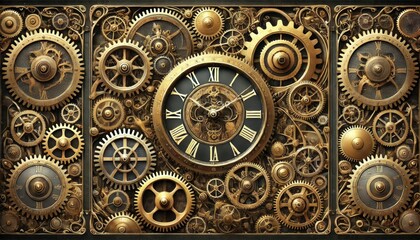Composition of massive gold and metallic gears forming a clock, with bright details and an antique aesthetic in steampunk style
