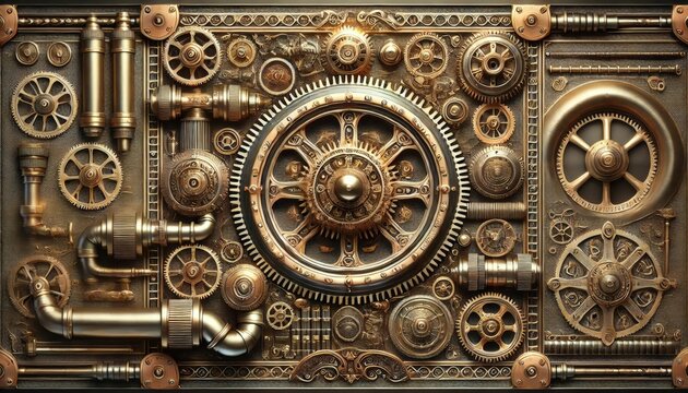 Square steampunk mechanism with multiple gears and pipes, embodying a classic industrial design with intricate mechanical details.