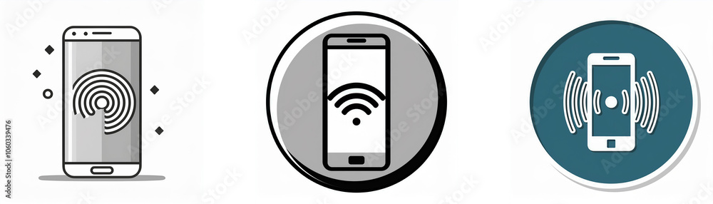 Aufkleber Three illustrations of a smartphone, one with a fingerprint scanner, one with a wifi icon, and one with sound waves.
