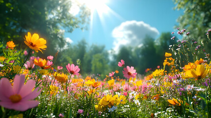 Fototapeta premium Colorful Wildflowers in a Meadow with Sunbeams - Illustration