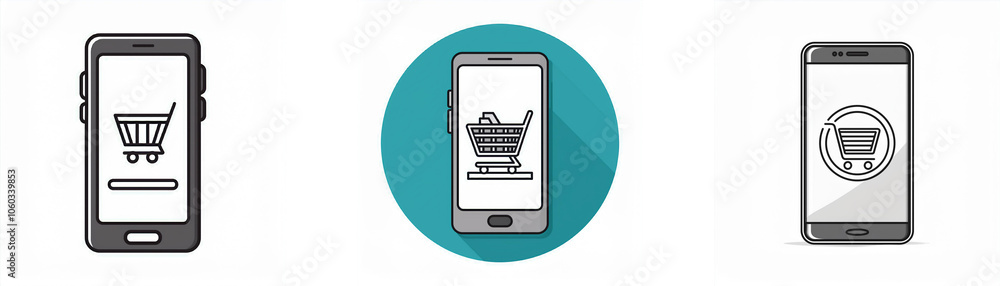 Poster three smartphone icons with a shopping cart inside the screen.