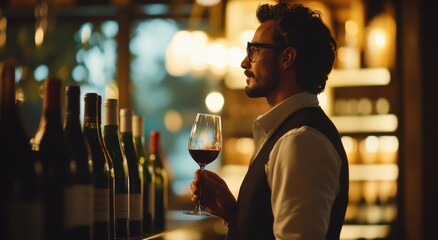 Man enjoying a glass of wine at an upscale bar in the evening