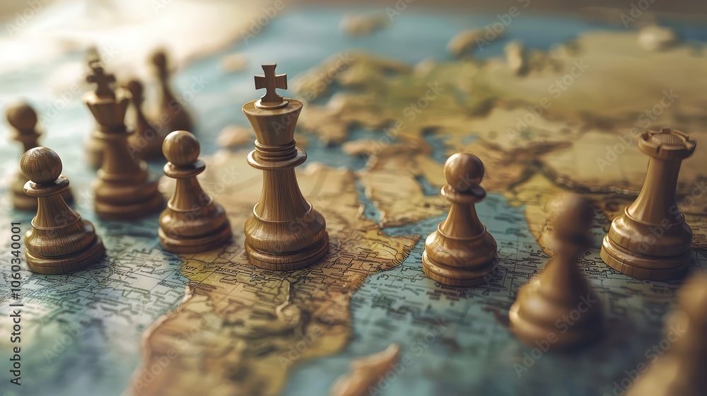Poster 3d visualization of geopolitical strategies represented by a world map and chess pieces.