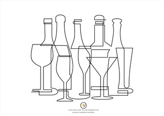 Continuous one line alcohol drinks. Minimalist alcohol bottles and glasses, bar beverages isolated vector illustration set of contour liquid bottle beverage draw alcohol