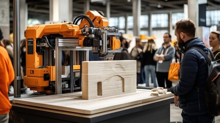 Industrial 3D printer creating architectural model at a public exhibition with attendees observing the process