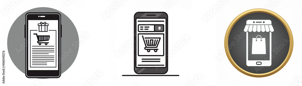 Poster three icons of smartphones with shopping-related images on their screen.
