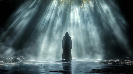 Obraz premium Mysterious Figure in Foggy Light Rays - Illustration