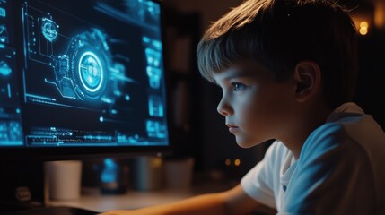 Young boy engaged in coding at home with a glowing computer screen