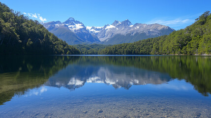 Snow-Capped Mountain Range Reflected In Clear Lake Lush Green Forest Alpine Landscape