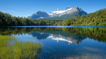 Pristine Alpine Lake Reflections Tall Pine Trees Snow-Capped Mountains Clear Blue Sky