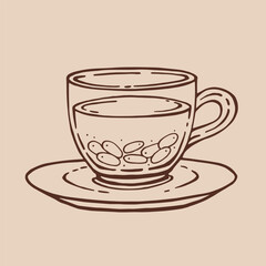 Cup of tea with barberry. Hand drawn vector illustration in outline style.