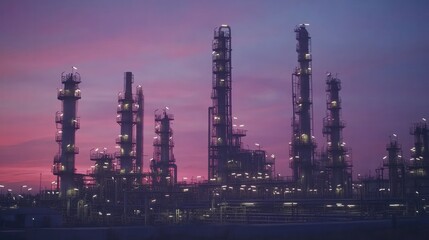 Fototapeta premium Oil refinery plant at sunset, glowing lights illuminating the massive industrial complex against the sky