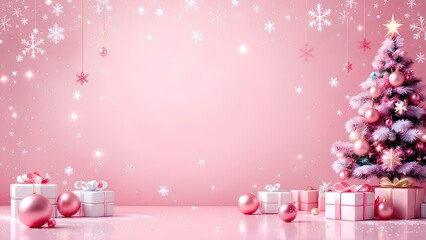 Christmas Background Pink Theme with Xmas Tree, Gift Box, Pink Balls