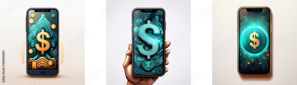 Poster three smartphones displaying various dollar sign designs with different backgrounds.