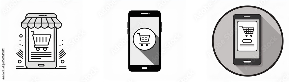 Poster Three different illustrations of a smartphone with a shopping cart on the screen.